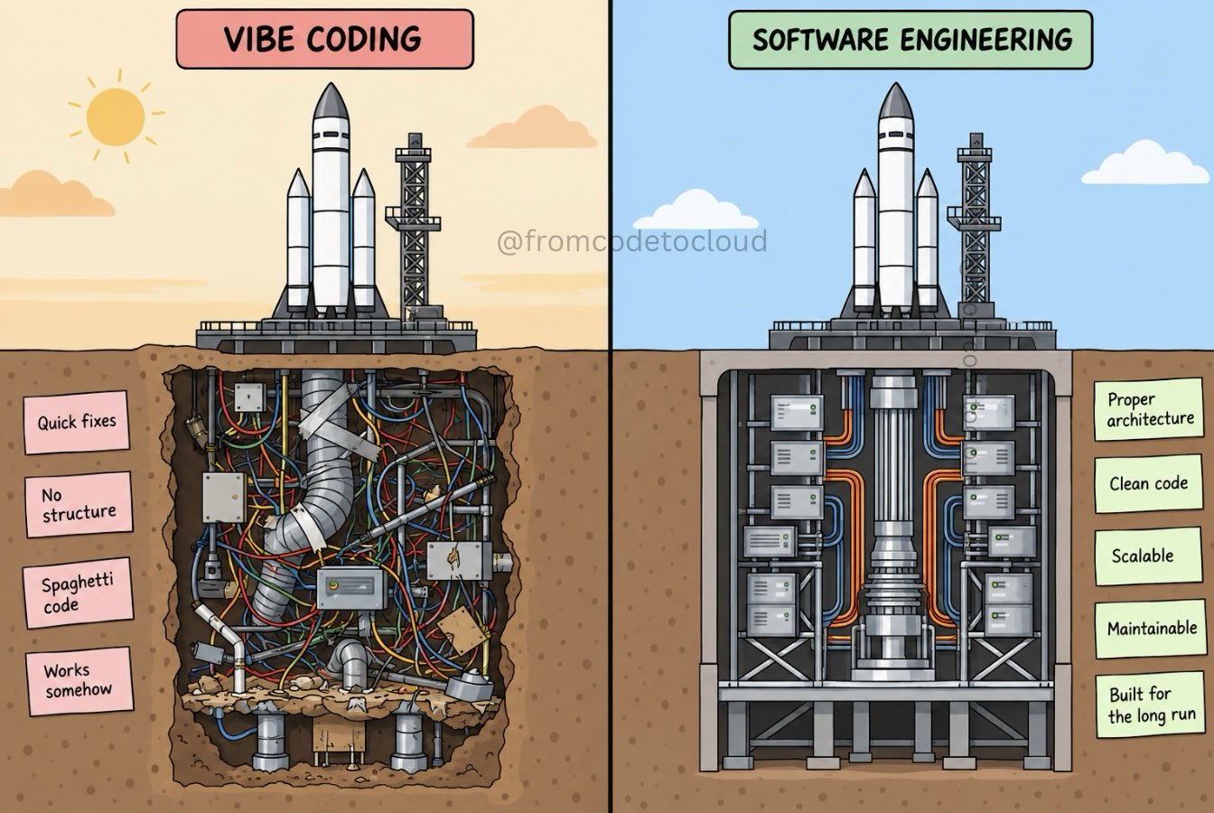 Vibe coding against software engineering: the same rocket over a tangle of taped pipes and over an ordered machine room