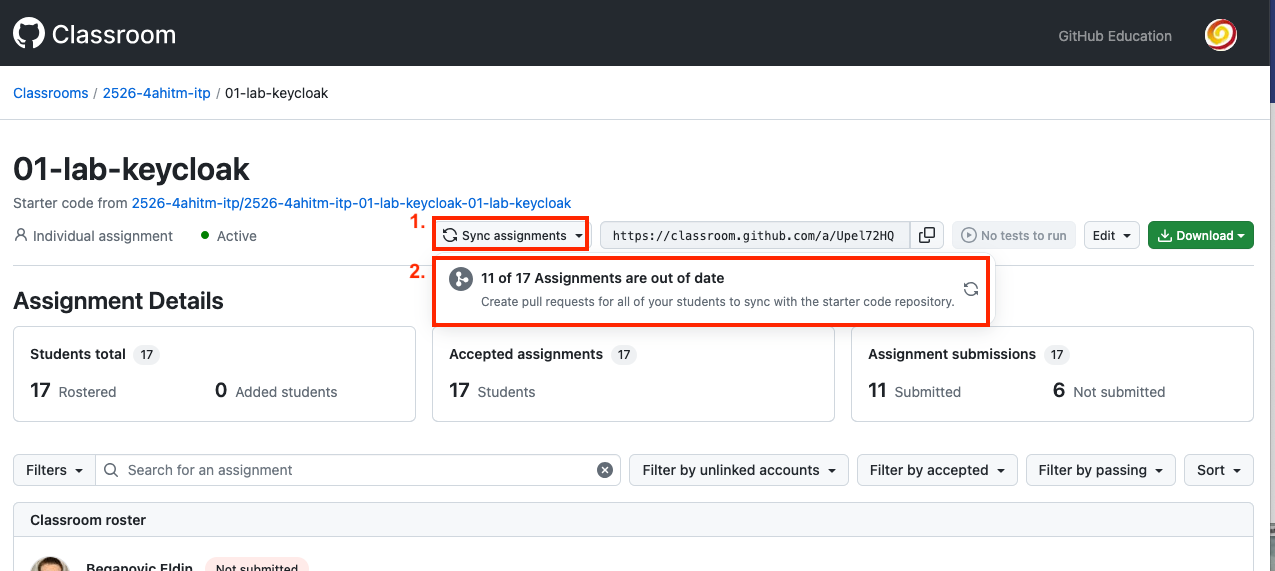 github classroom sync repos
